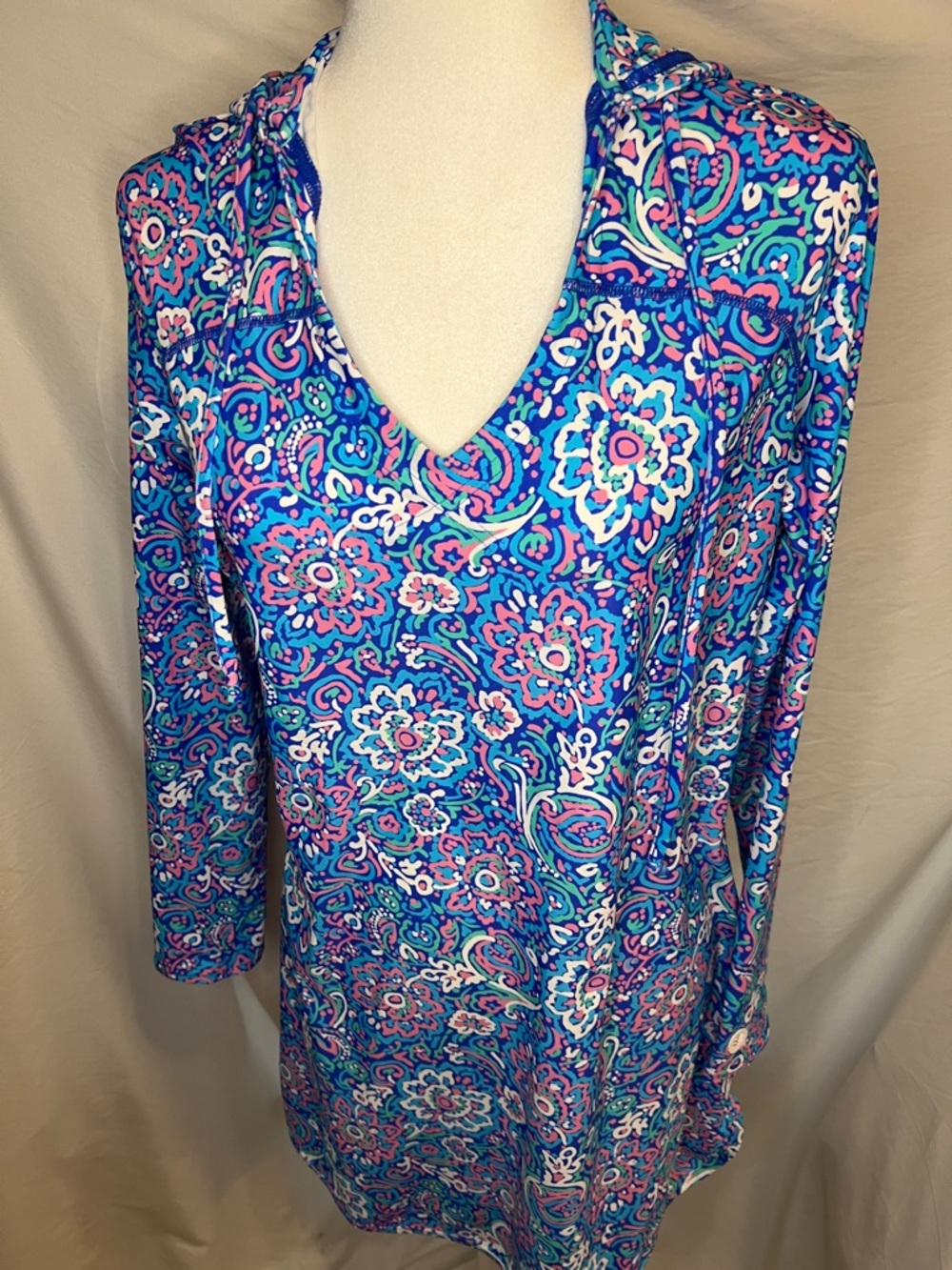 Coolibar Bright Blue and Pink Paisley Swim Cover-Up Dress SPF - Picture 2 of 10